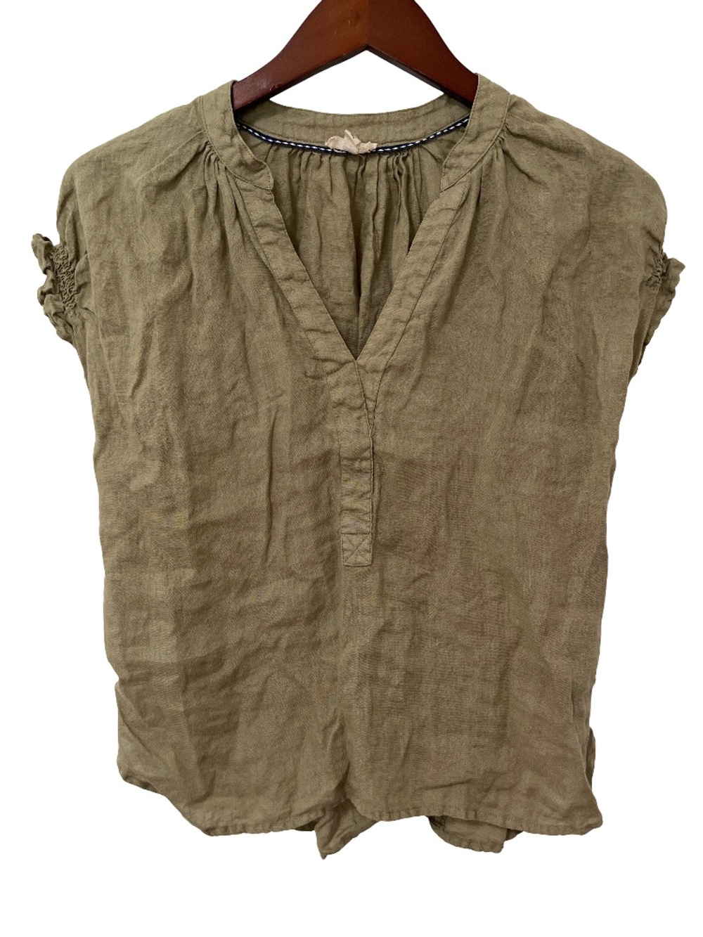 Pilcro Anthropologie Womens Small Green Linen V Neck Ruched Short Sleeve Top